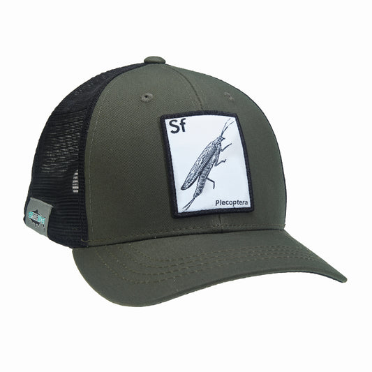 A hat with black mesh in back and green fabric in front has a rectangular patch with a stonefly on it and the letters SF above it and the word plecoptera below it