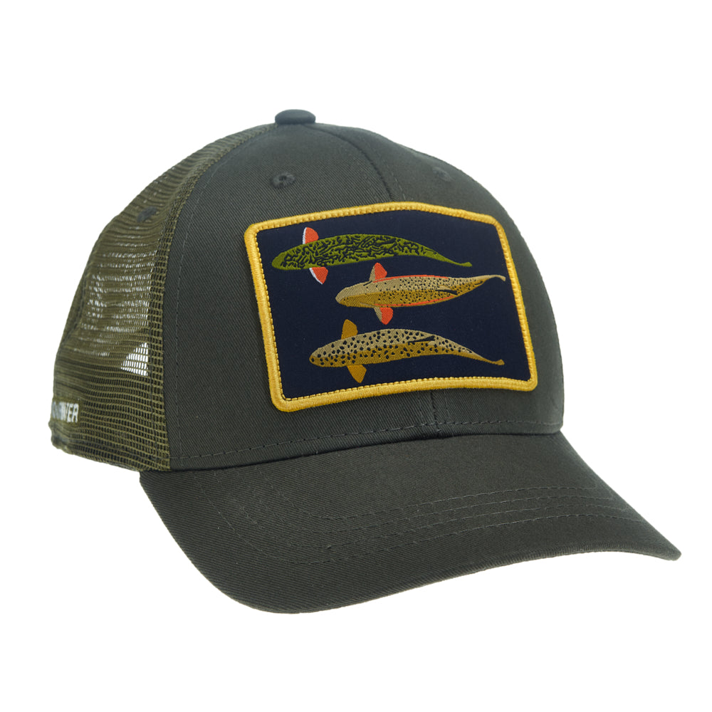 a hat with green mesh and green fabric in front has a rectangular patch that shows three trout from above