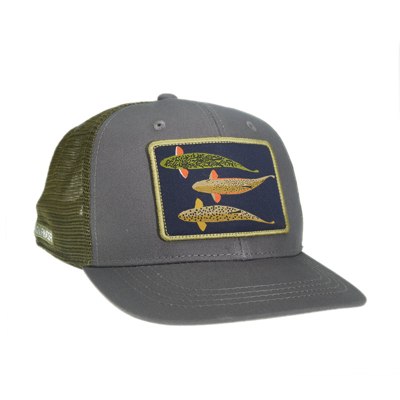 a hat with green mesh and gray fabric in front has a rectangular patch that shows three trout from above
