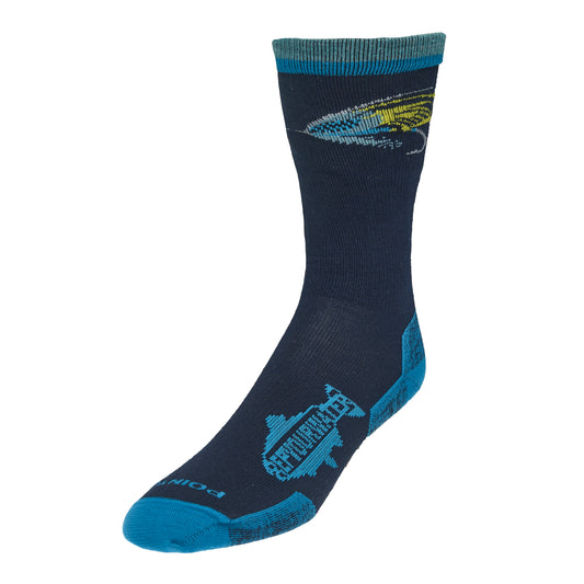 A single sock has a logo on the foot with that reads repyourwater inside a trout silhouette and a traditional style salmon fly on the main area