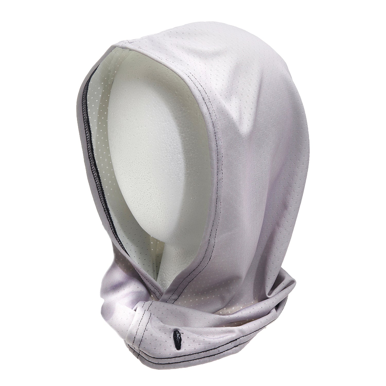 A gray hood with a button hole on the bottom part