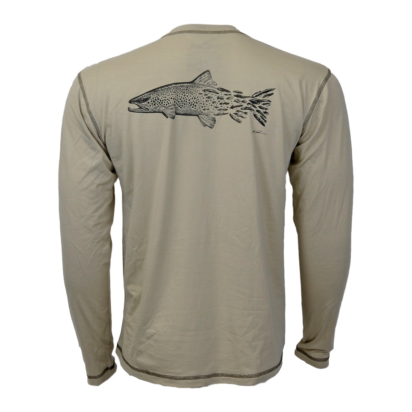 A tan long sleeved shirt with a black print on the back shoulders of a brown trout head and a tail shaped out of streamers