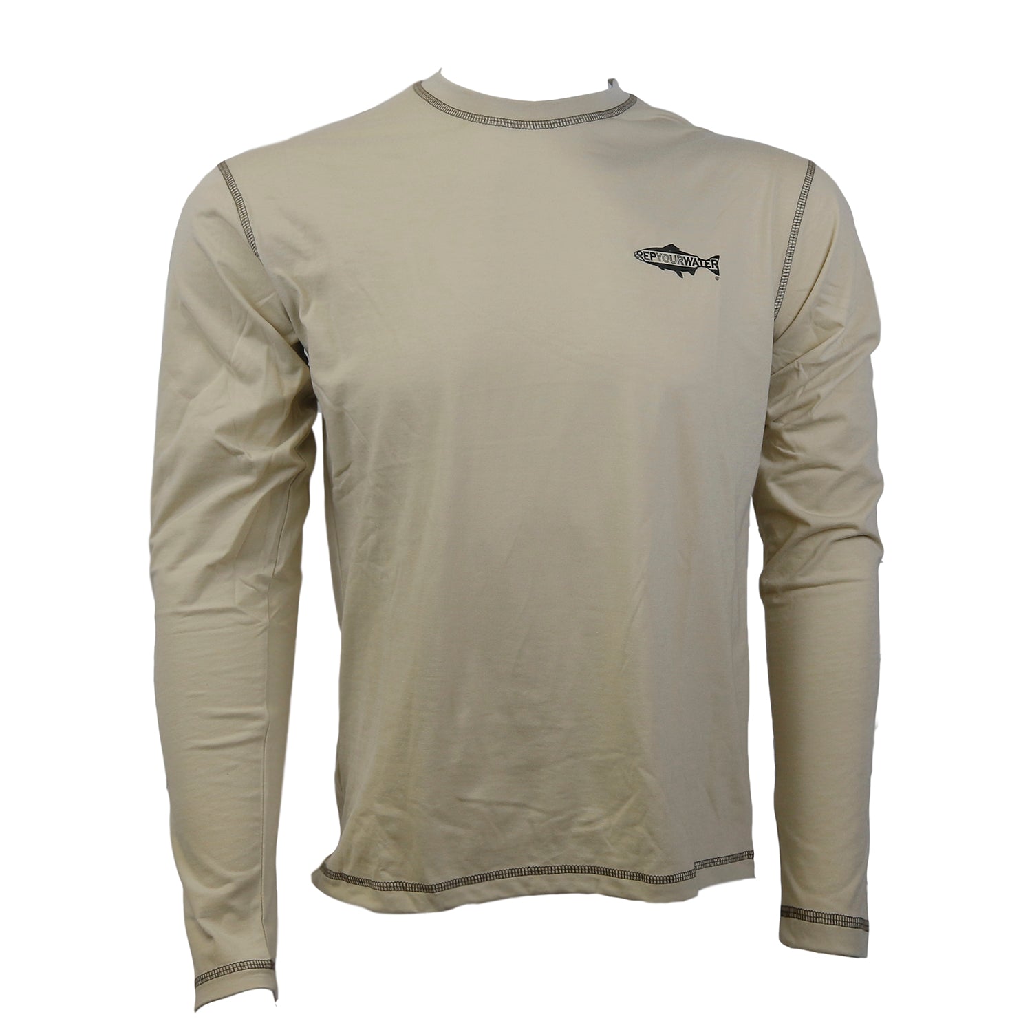 A tan longsleeved shirt shown in the front with and a logo that says repyourwater inside a trout silhouette on the chest
