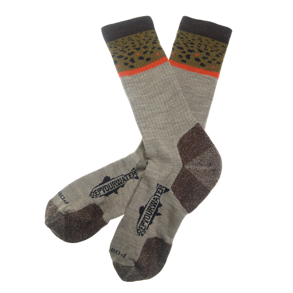Two socks with the pattern of a brown trout on the upper part also has a logo on the foot that reads repyourwater in a trout silhouette