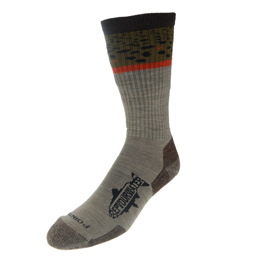 A sock with the pattern of a brown trout on the upper part also has a logo on the foot that reads repyourwater in a trout silhouette