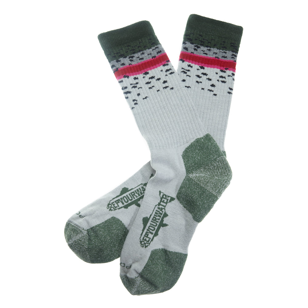 Two socks with the pattern of a rainbow trout on the upper part also has a logo on the foot that reads repyourwater in a trout silhouette
