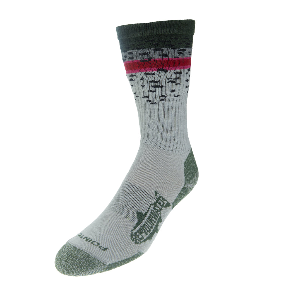 A sock with the pattern of a rainbow trout on the upper part also has a logo on the foot that reads repyourwater in a trout silhouette
