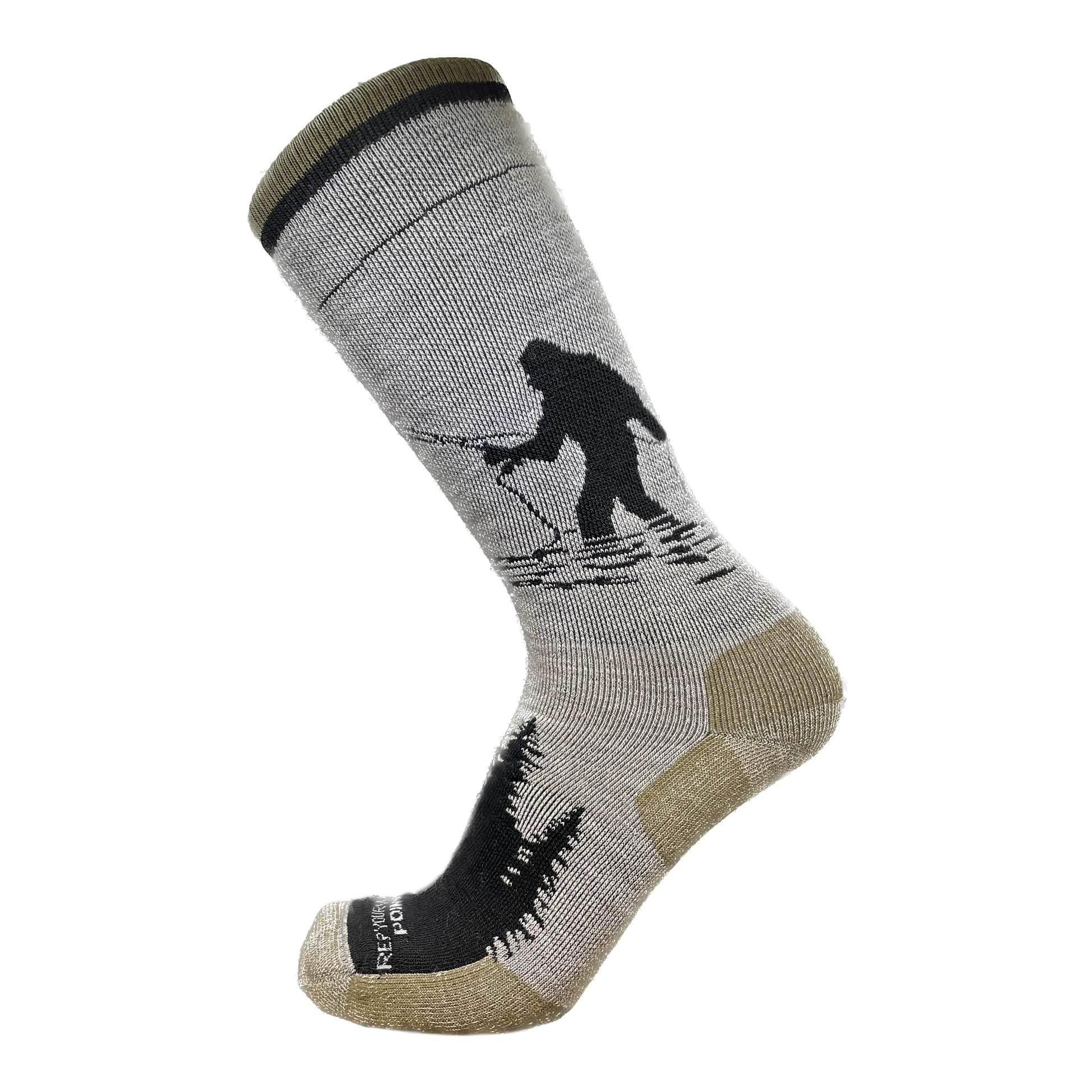 Gray socks with some light olive that show sasquatch fishing on the side. The socks have pine tree silhouette on the top of the foot and the words Rep your weater and pont 6 on the toes