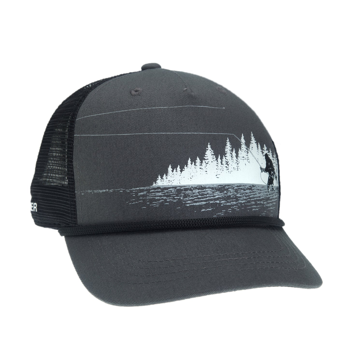 A hat with black mesh in back and gray fabric in front features a sasquatch casting a fly rod while in the water in front of pine trees and a black rope is above the brim