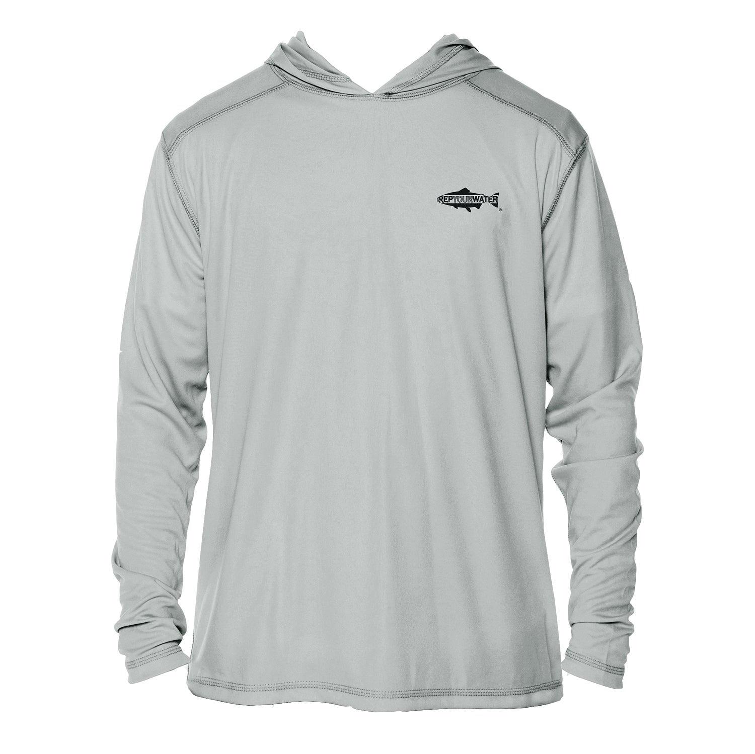 The front of a hooded long sleeved shirt has a logo that reads repyourwater inside the silhouette of a trout
