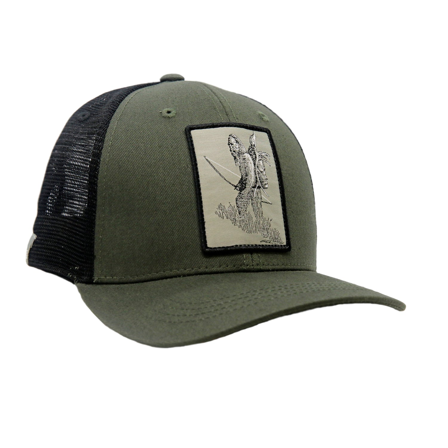A hat with black mesh and green fabric in front has a patch with a sasquatch holding a bow with an elk skull and backpack on his back