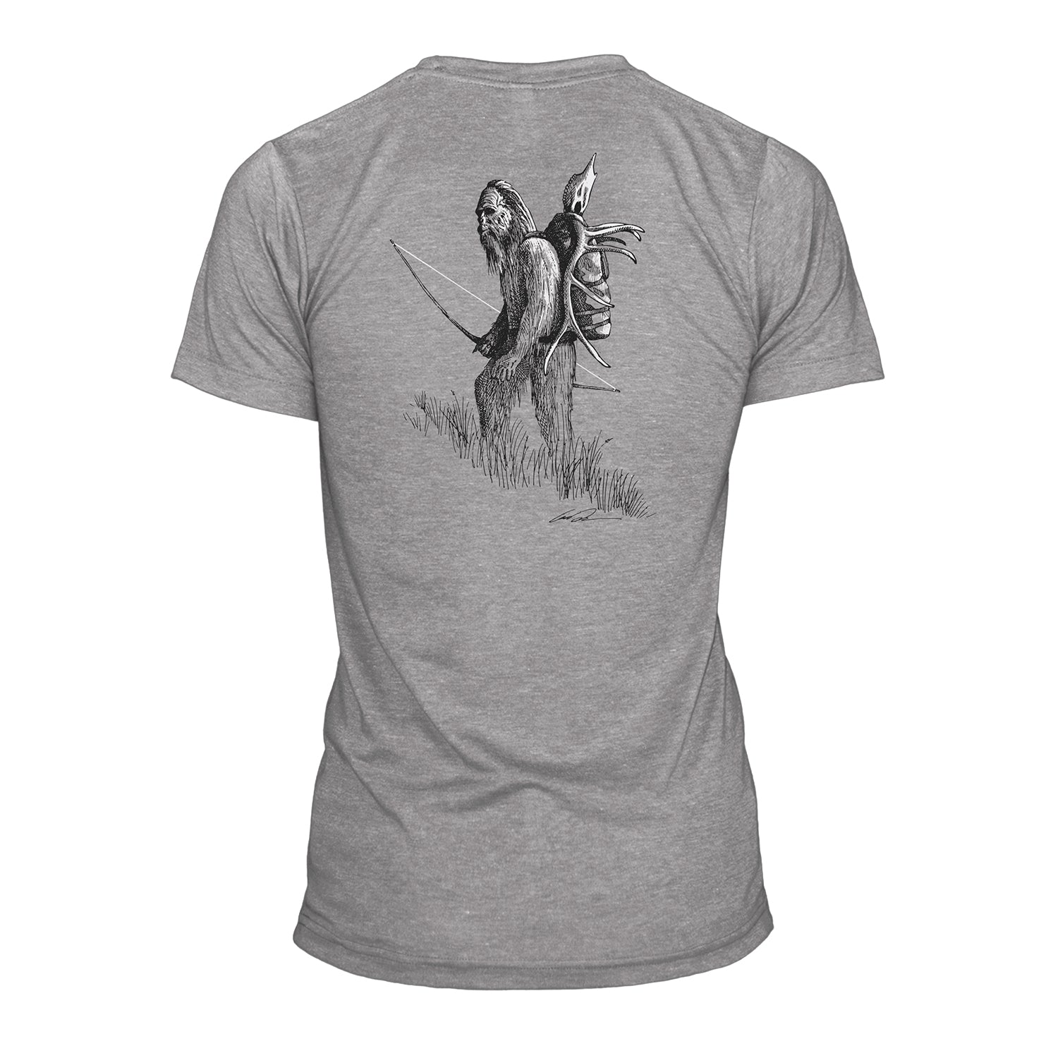 The back of a gray short sleeved tee shirt has a sasquatch carrying a bow and wearing a backpack with an elk skull on it