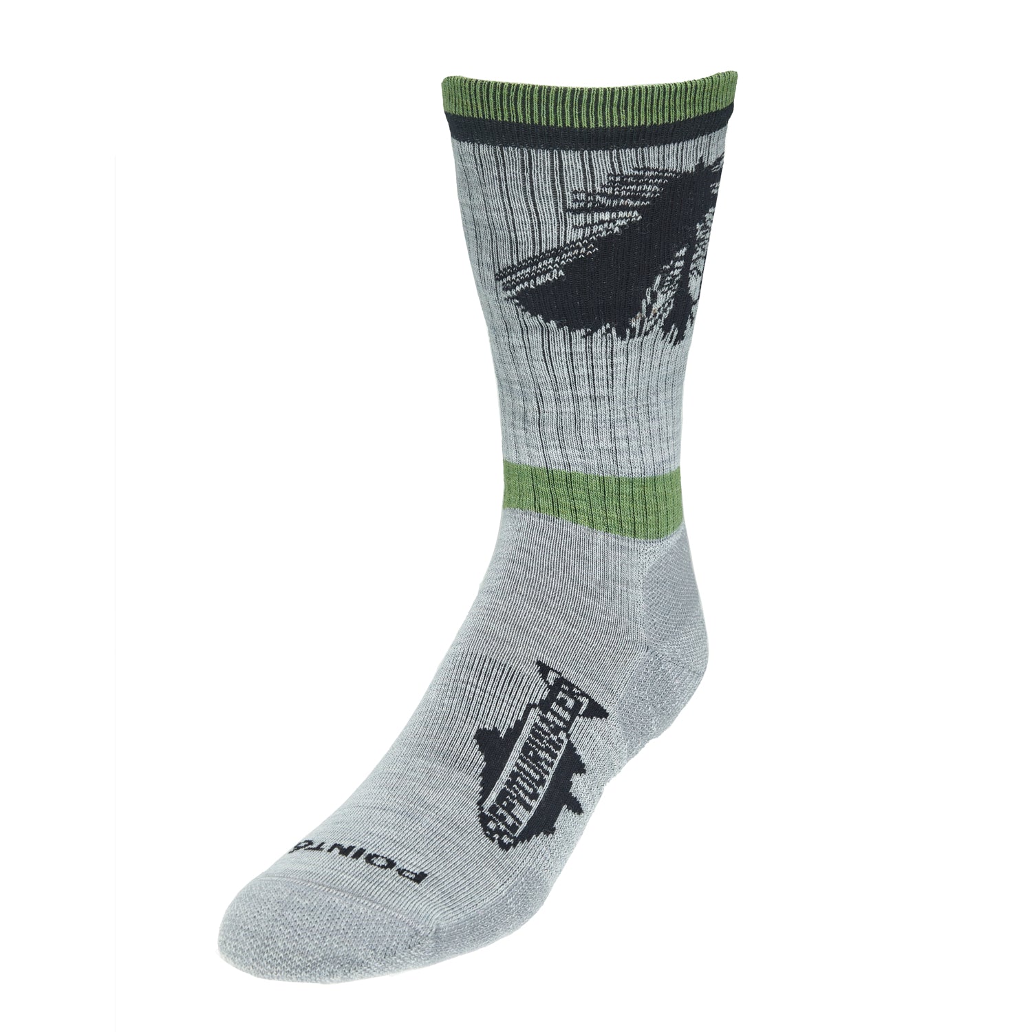 A single gray sock has a black dry fly on the top with a green stripe above and below it A logo is on the foot that reads repyourwater in a trout silhouette with Point6 on the toe
