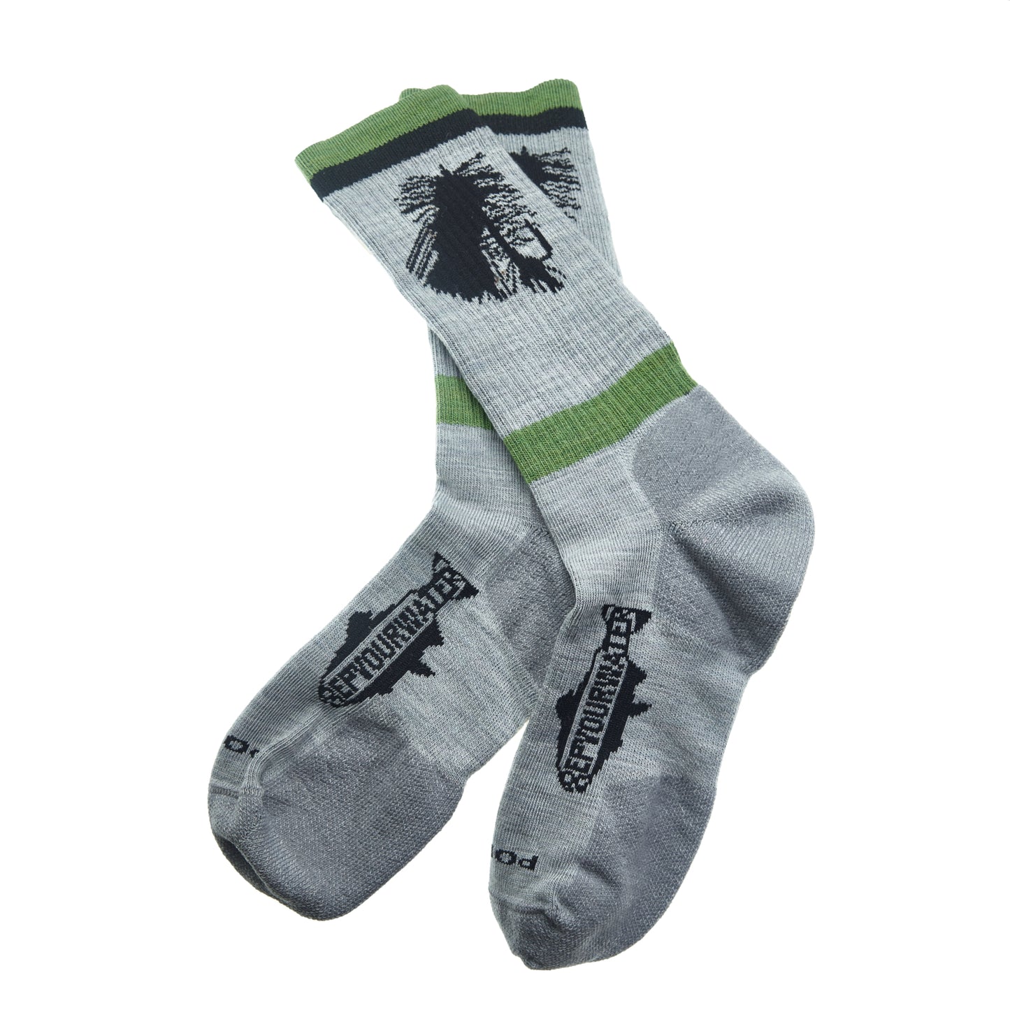 Two gray socks lay on the ground and each has a black dry fly on the top with a green stripe above and below it A logo is on the foot that reads repyourwater in a trout silhouette with Point6 on the toe