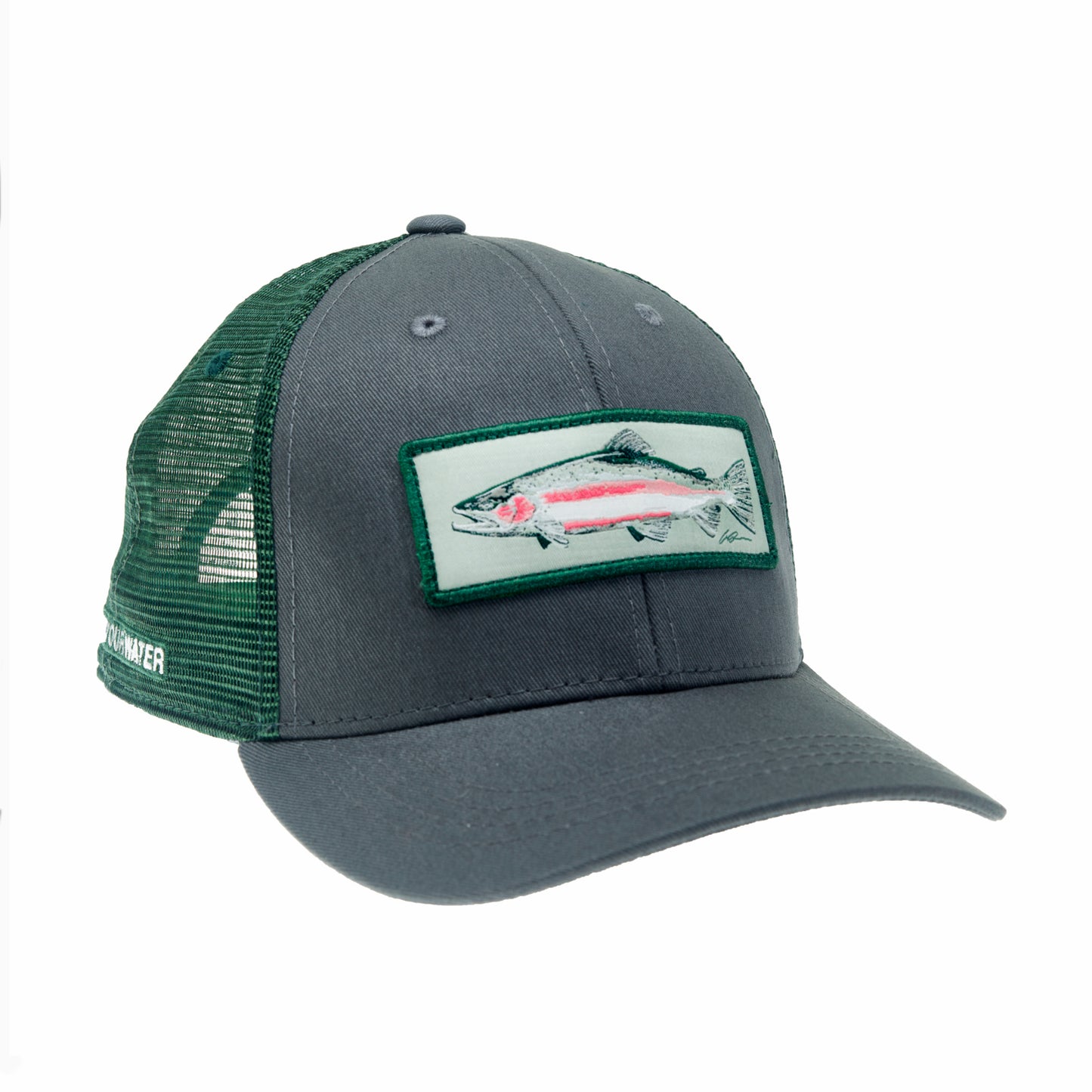 A hat with green mesh and gray fabric has a patch with a steelhead on it
