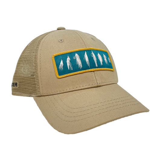 A hat with tan mesh in back and tan fabric in front features a rectangular patch that has 8 saltwater flies featured