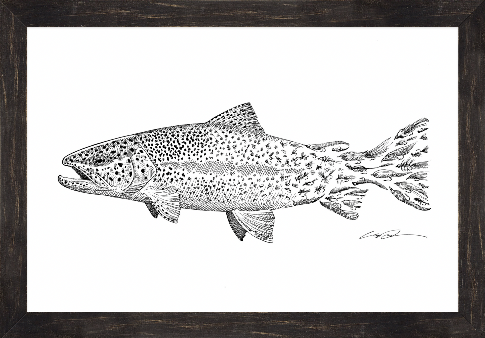 A pen and ink drawing of a rainbow trout where the trout's spots fade into flies to form the tail of the fish, framed in a dark wood frame