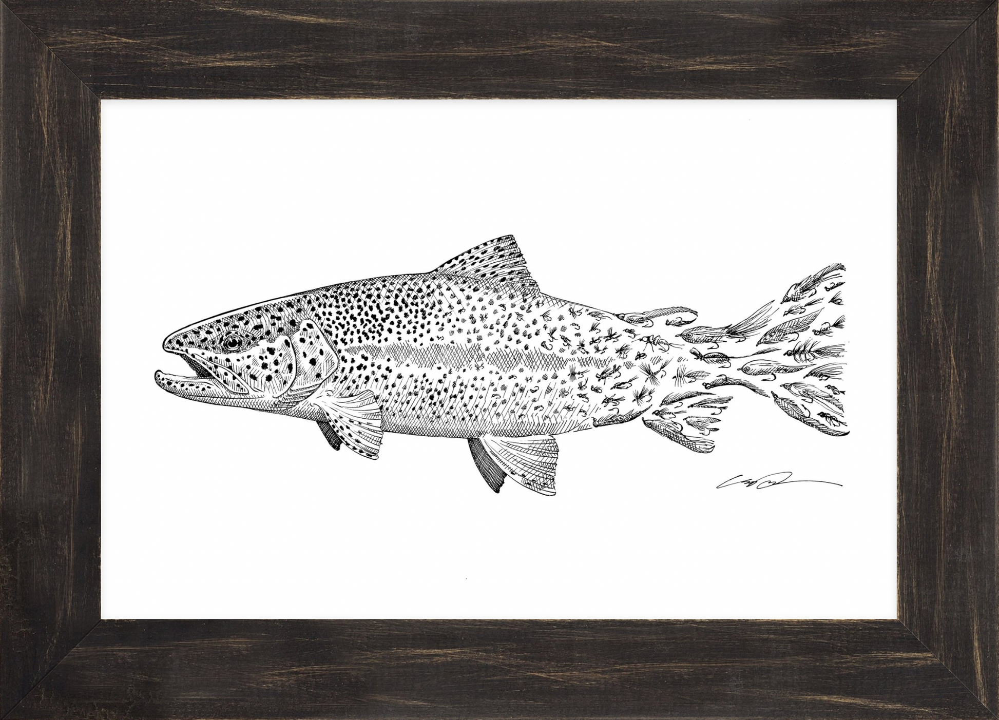 A pen and ink drawing of a rainbow trout where the trout's spots fade into flies to form the tail of the fish, framed in a dark wood frame