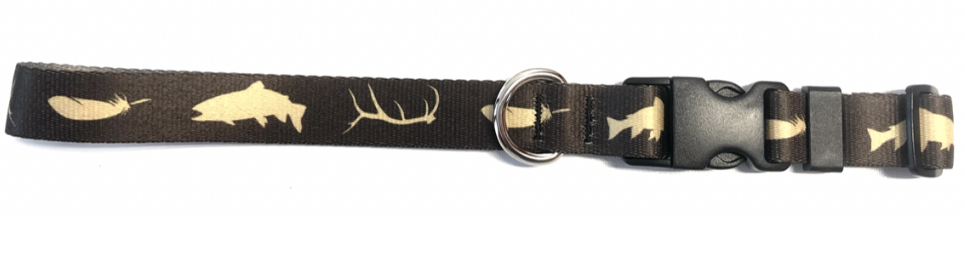 Brown collar with plastic clasp and metal D ring featuring trout, antler, and feather silhouettes.