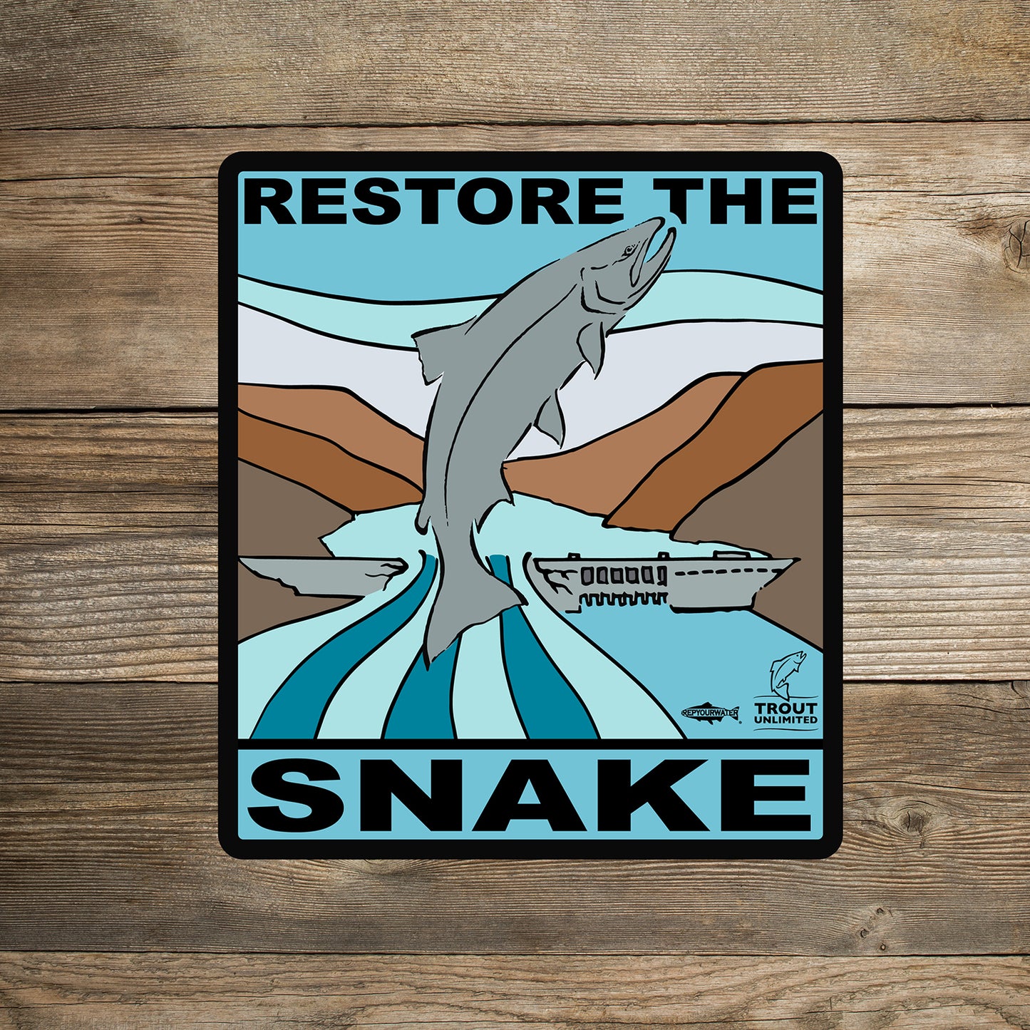 A sticker on a wood background reads restore the snake and features a fish jumping over a dam it features two logos one reads repyourwater inside a trout silhouette the other has a jumping trout over the words trout unlimited