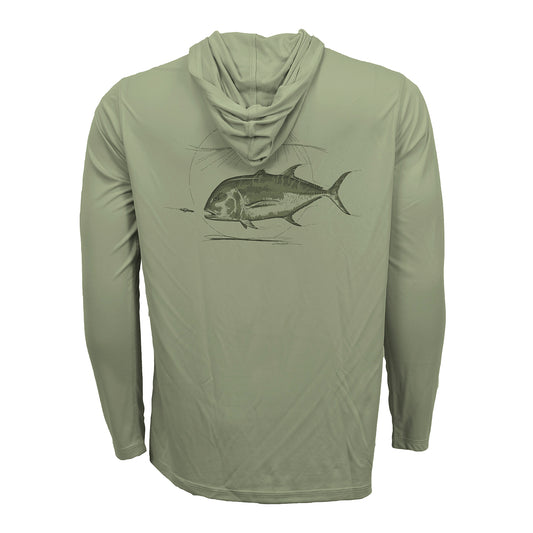 a light green longsleeve shirt with a hood has an image of a giant trevally chasing a fly on the back