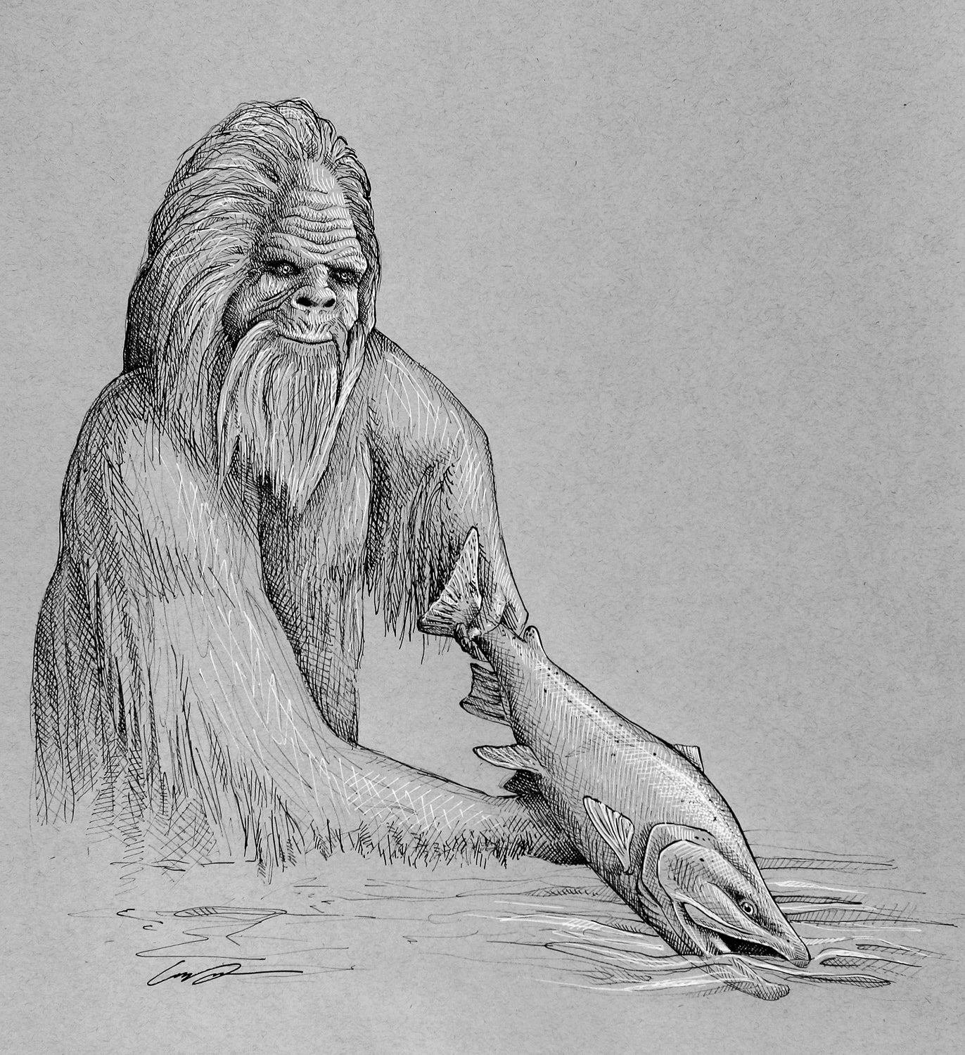 A black and white drawing that features a drawing of a sasquatch holding a trout in the water