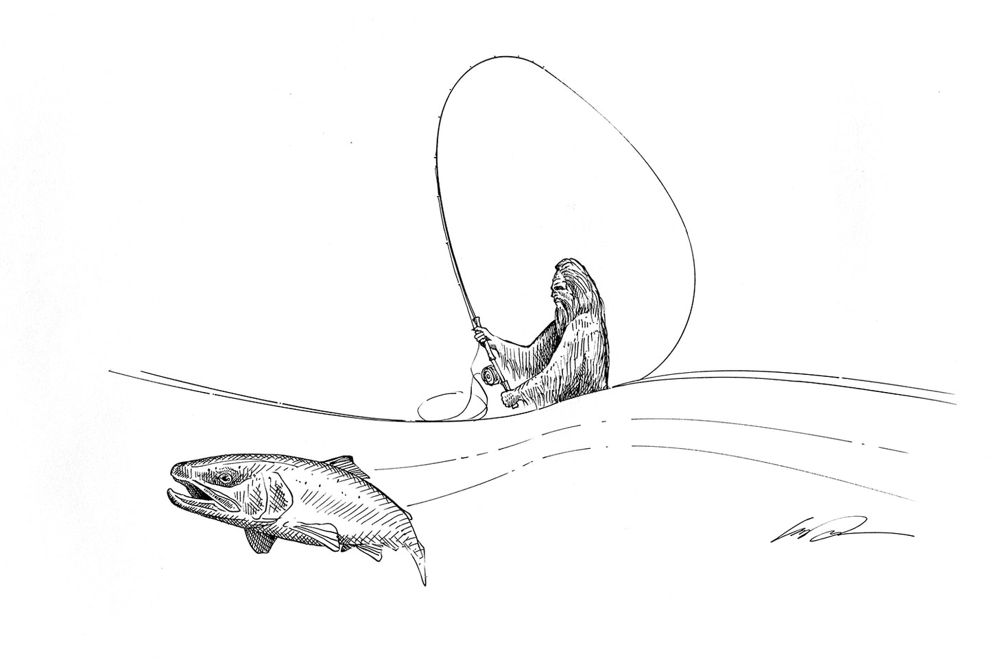 A black and white sketch of a sasquatch casting a spey rod in the background with a trout in the foreground