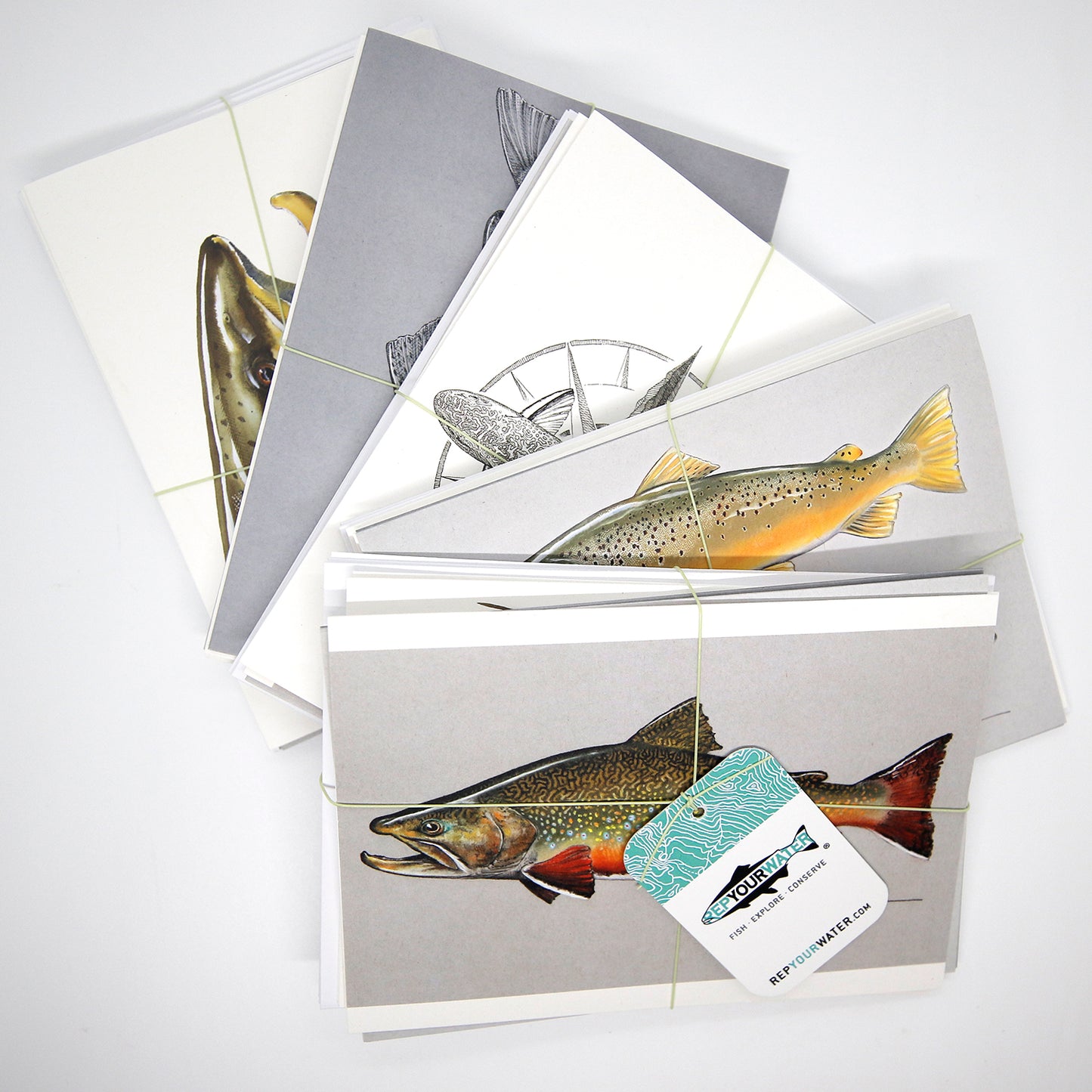 5 stacks of greeting cards in bundles wrapped by fly line and a hangtag on front that reads repyourwater inside a trout silhouette and fish explore conserve.  Repyourwater.com is on the hangtag.  The top image is a brook trout, then a brown trout, then part of a black and white trout then part of another trout then part of a trout face.  All are partially obscured by the one on top of the other