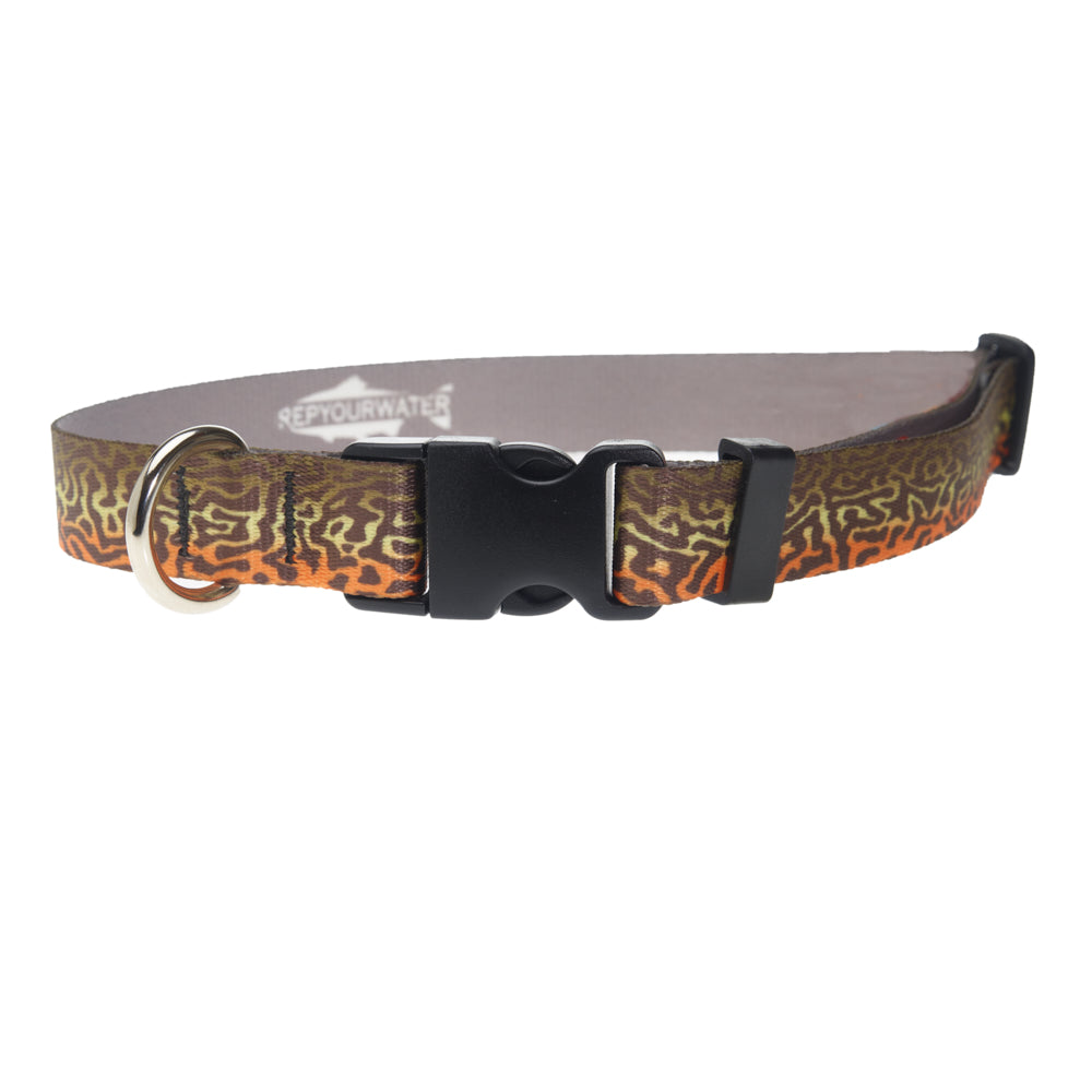 A dog collar with a black plastic clip and metal d ring has tiger trout print on the outside and a logo that reads repyourwater inside a trout silhouette on the inside