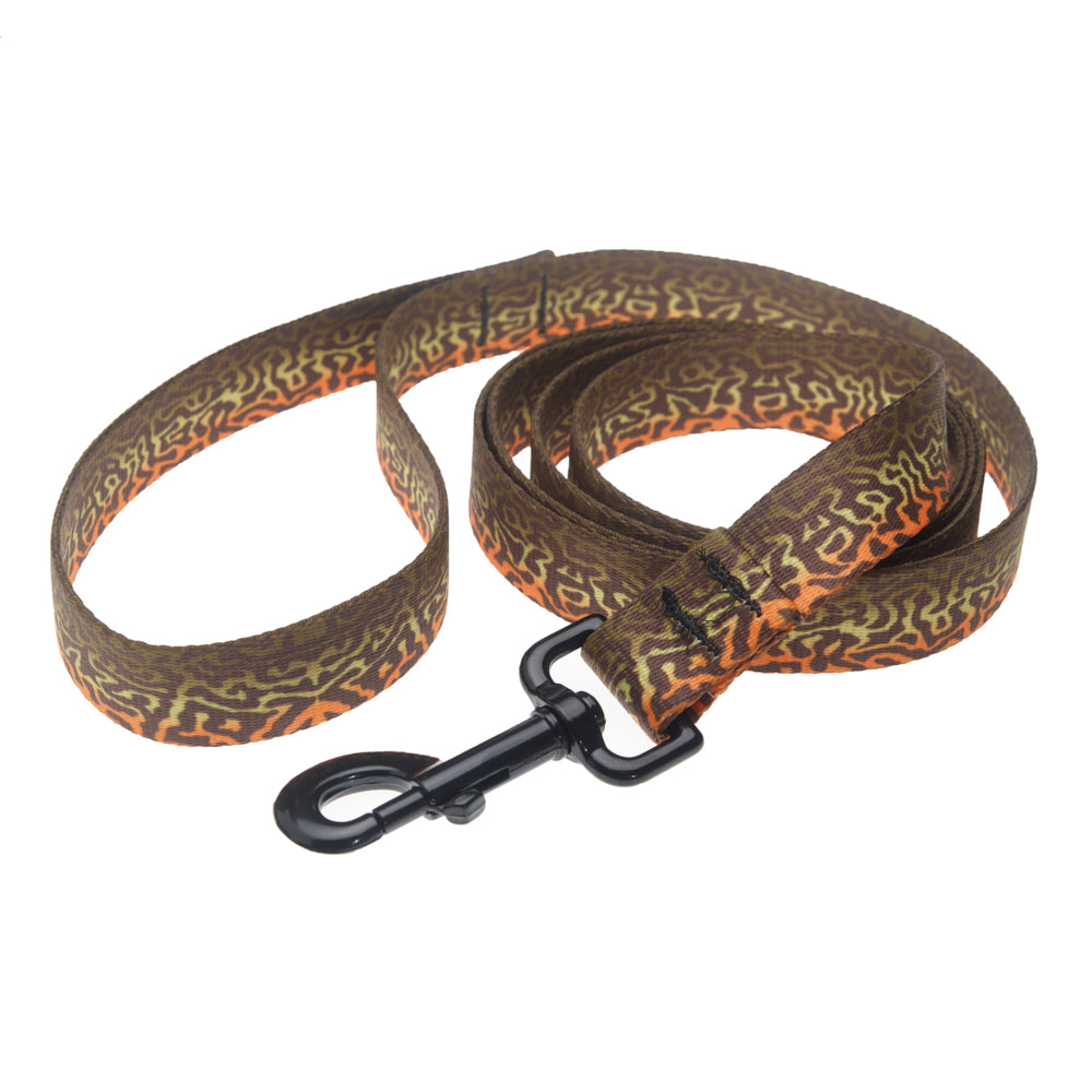 A dog leash with a black metal clip has tiger trout print