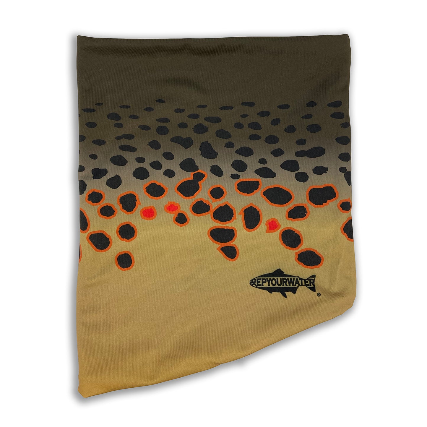 Thermal neck tube with brown trout pattern printed on it.