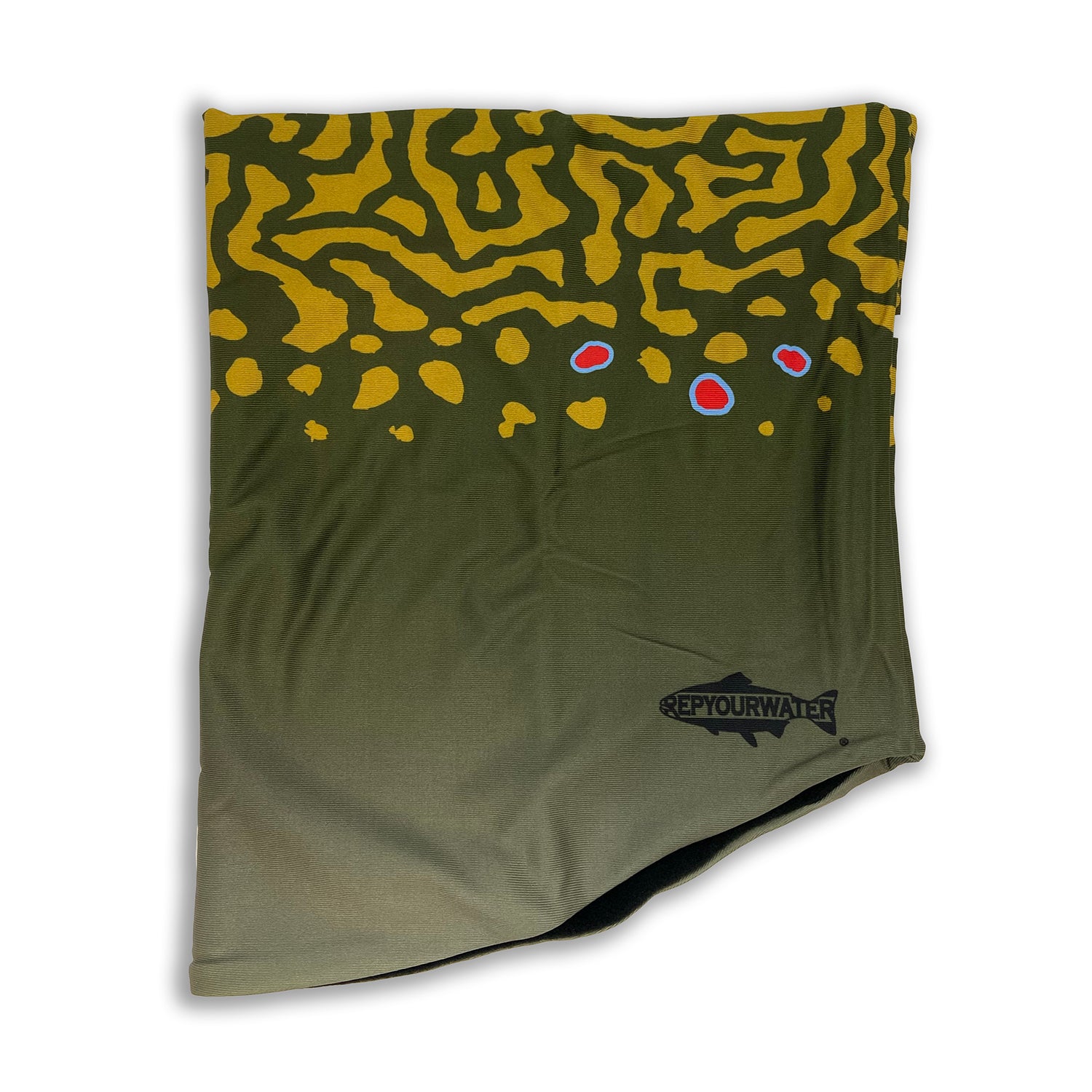 Thermal neck tube with Brook Trout skin pattern printed on it.