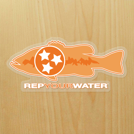A sticker on a wood background features a bass with a circle filled with three stars inside of it above the words repyourwater