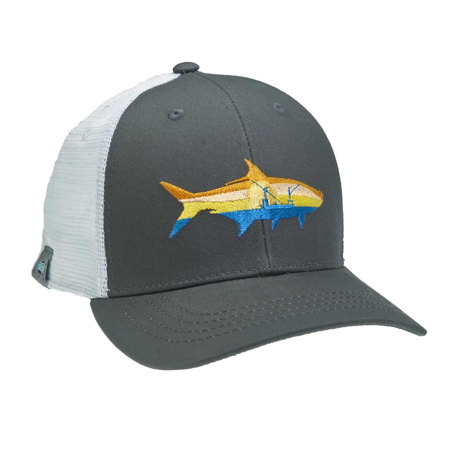 A hat with white mesh in back and gray fabric in front that features a tarpon shape with a boat and sunrise in side it