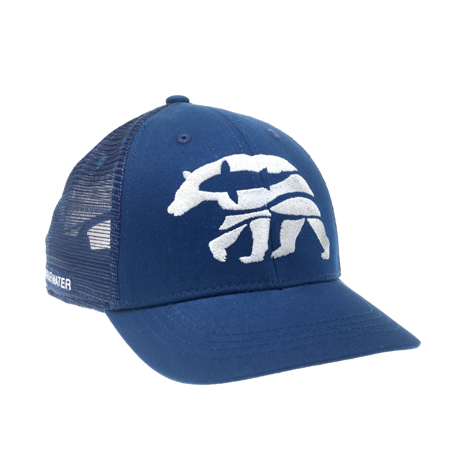 A hat with blue mesh and blue fabric has a design in the shape of a bear with a trout inside of it