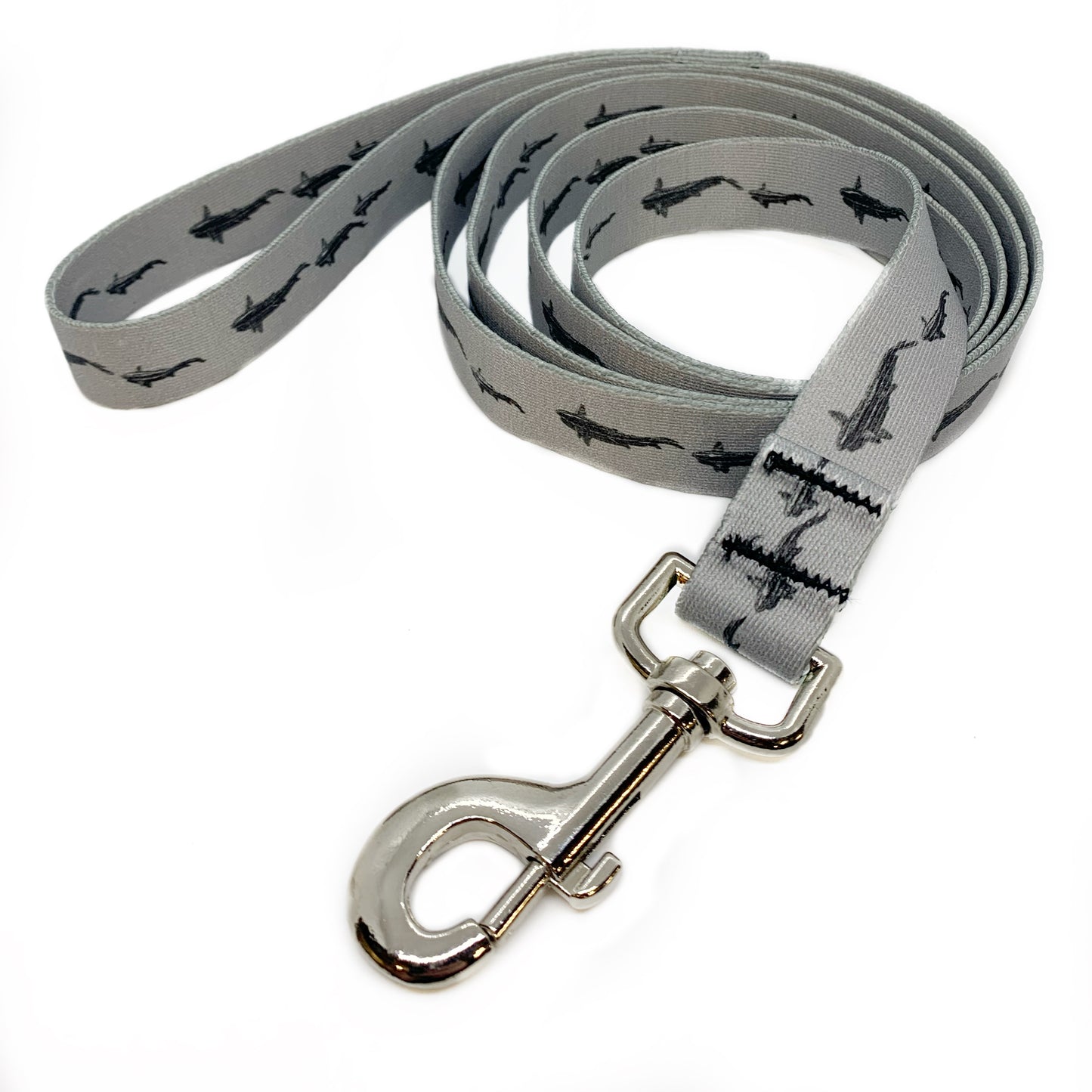 A gray nylon dog leash is shown. Trout from above are printed on it.
