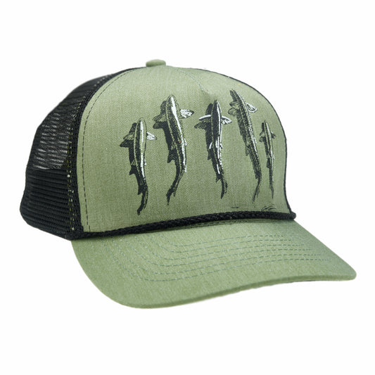 A hat with black mesh in back and green fabric in front has five trout from above printed on the front. A black rope is above the bill