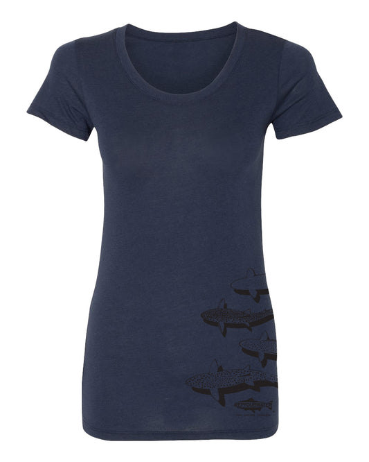 A dark blue short sleeve shirt shows a drawing on the hip of four trout from above. There is also a logo that reads repyourwater inside a trout silhouette and above the words fish explore conserve