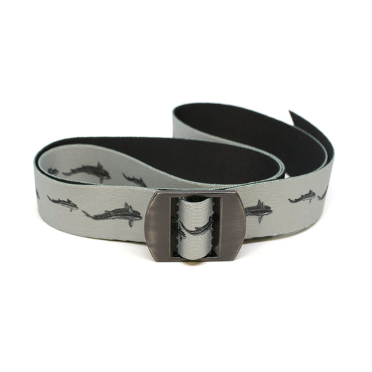 A nylon belt with a metal front buckle has a swimming trout on a gray background print