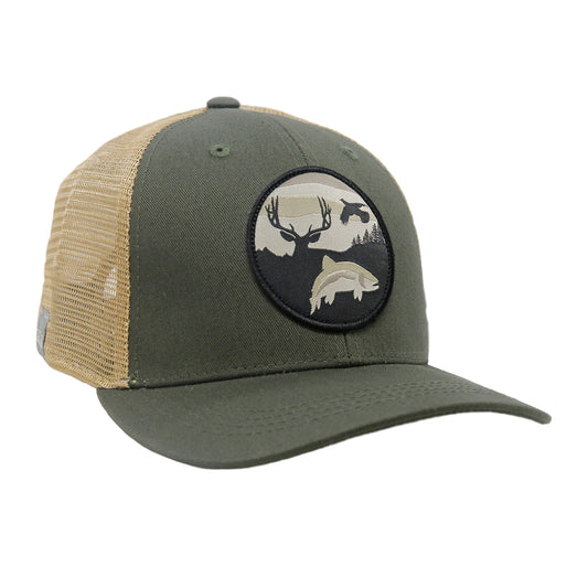 A hat with tan mesh in back and green fabric front has a patch featuring a mule deer flying grouse and trout