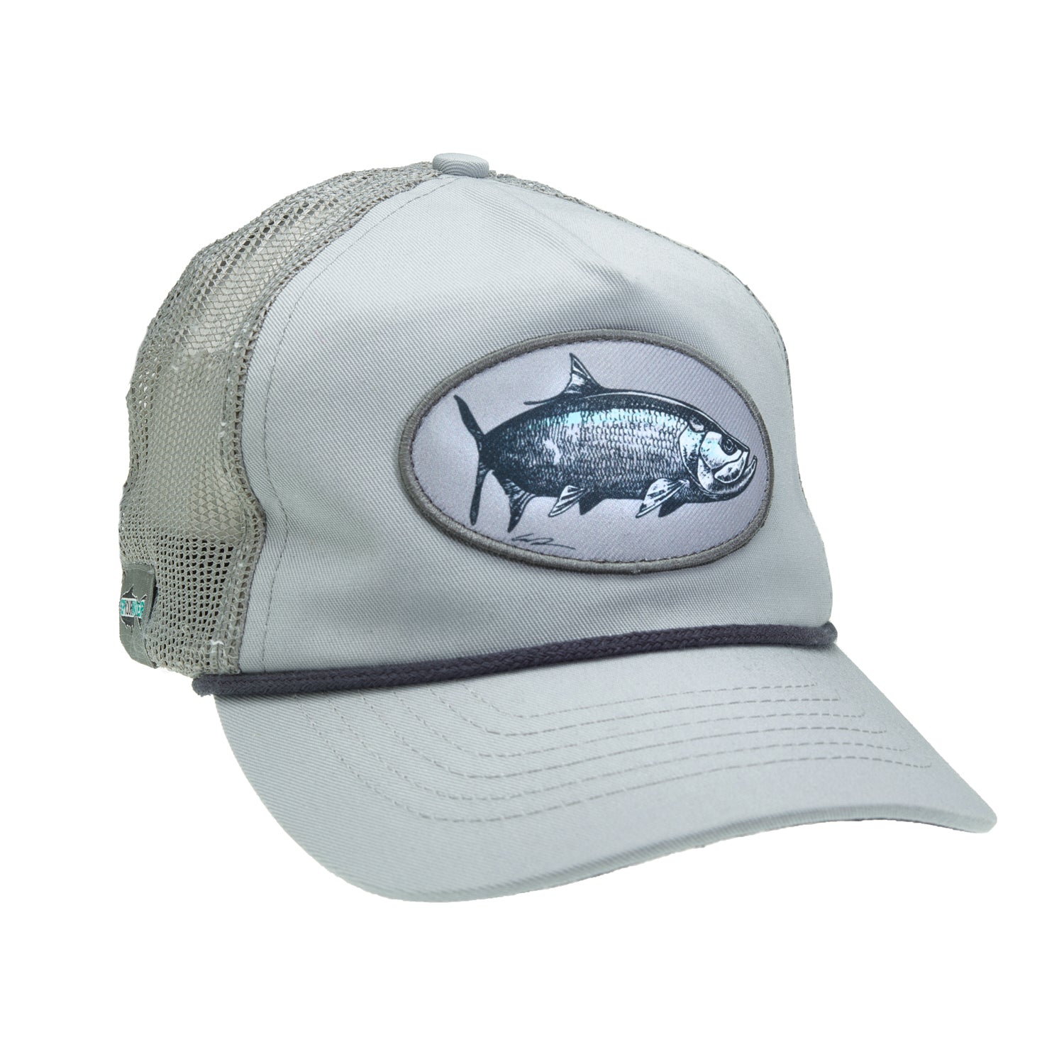 A hat with gray mesh and gray fabric in front has an oval shaped patch with a tarpon on it.  There is a black rope above the brim