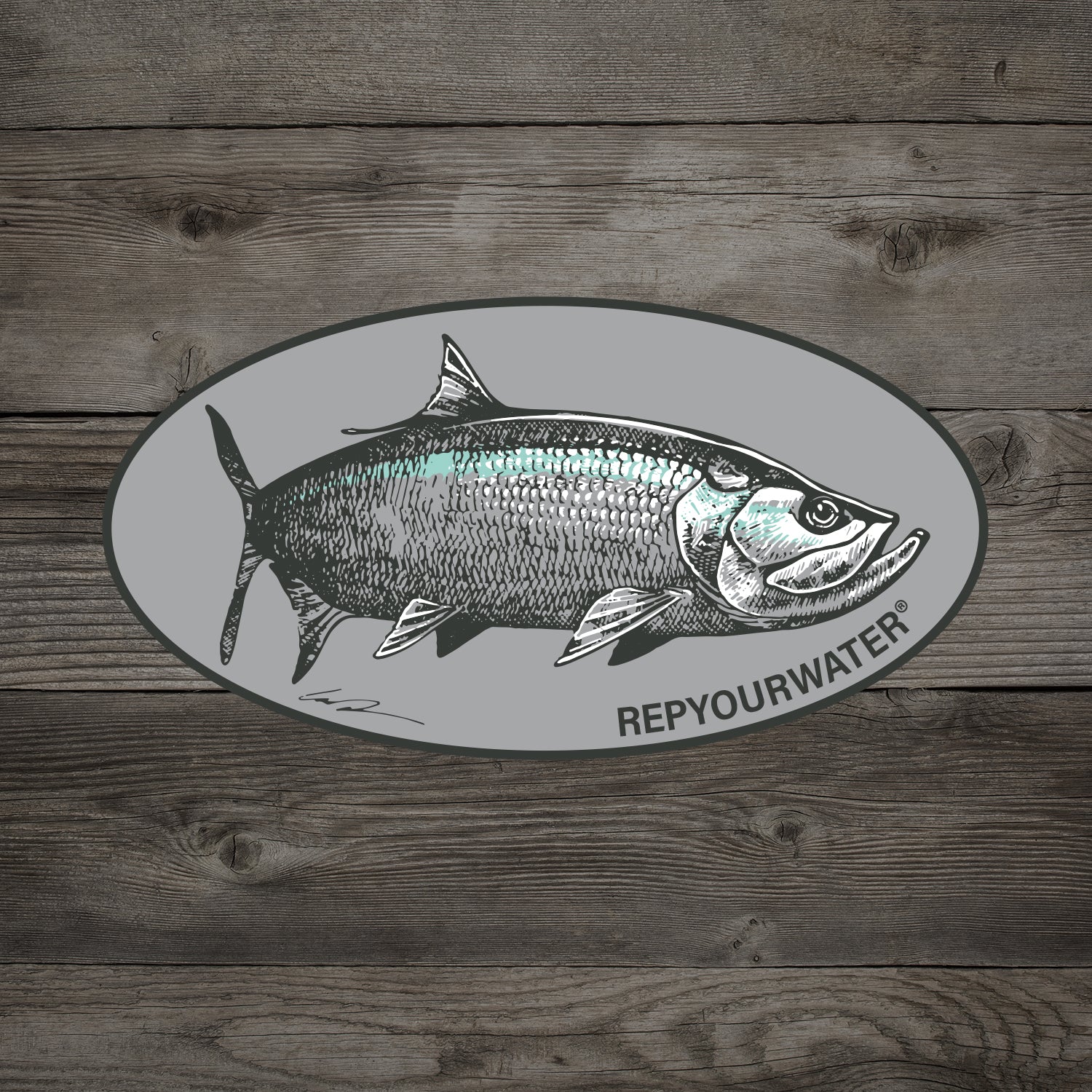 A wood background with an oval sticker on it with a tarpon and the text repyourwater