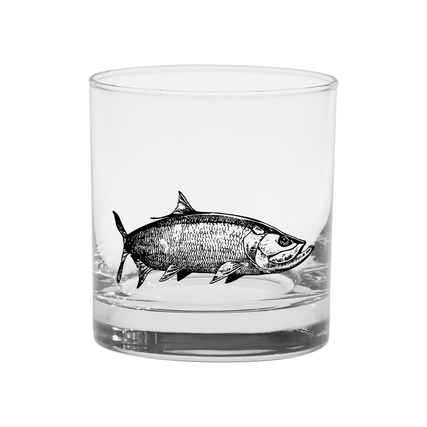 a low ball cocktail glass with a tarpon in black ink