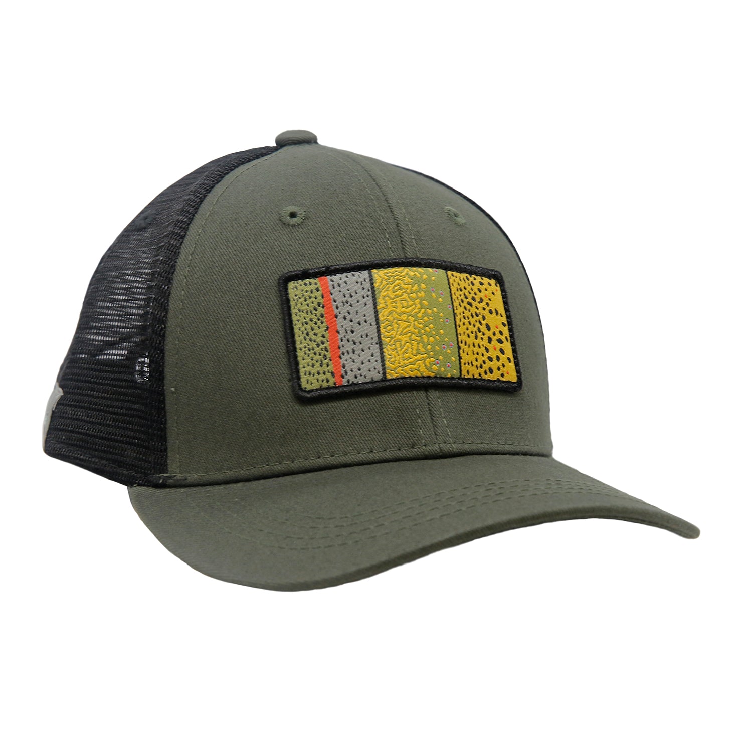 A hat with green fabric in front and black mesh in back has a patch featuring trout skin of rainbow brook and brown trout