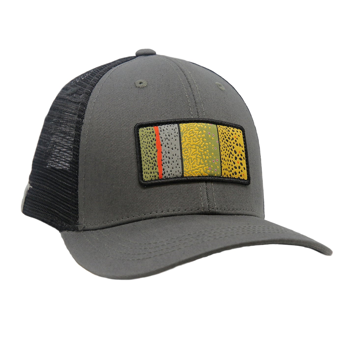 A hat with gray fabric in front and black mesh in back has a patch featuring trout skin of rainbow brook and brown trout
