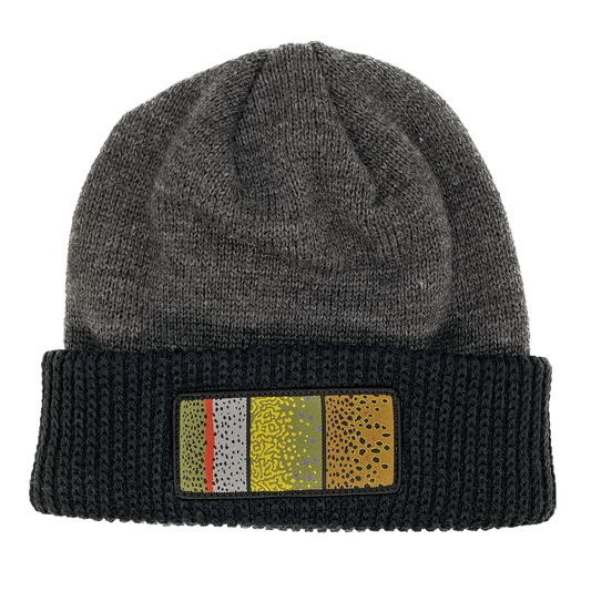 A gray winter hat with a black cuff and a rectangular patch on the cuff with rainbow trout brook trout and brown trout skin on it