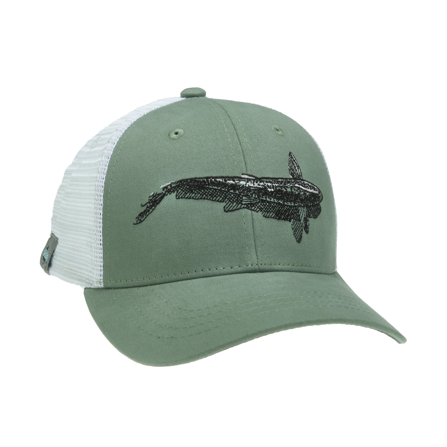 A hat with white mesh in back and green fabric in front has a trout from above and its shadow embroidered on the front