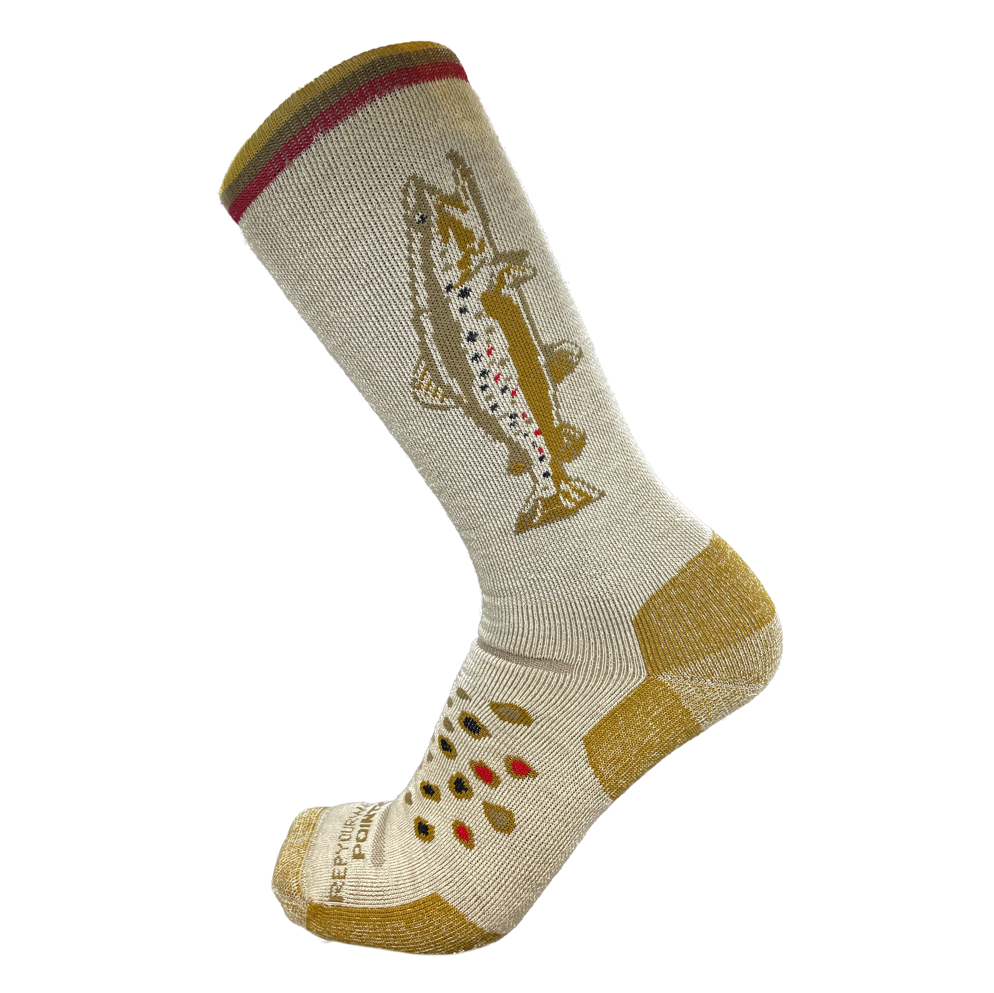 Tan socks with a brown trout on the side and brown trout pattern on the top of the foot