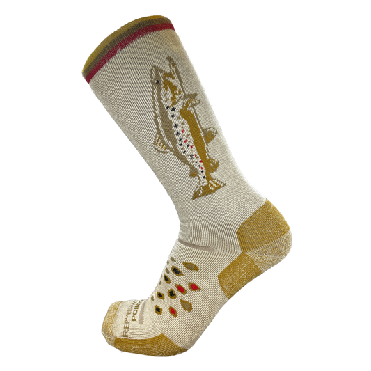Tan socks with a brown trout on the side and brown trout pattern on the top of the foot