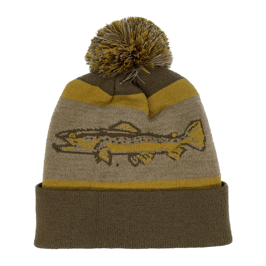 A winter hat with a brown cuff shows a brown trout on the main area with a multi colored poof on top